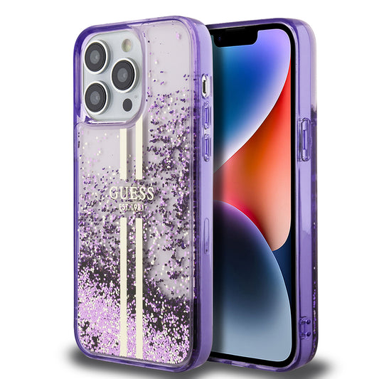 Apple iPhone 14 Pro Max Kılıf Guess Orjinal Lisanslı Transparan Sıvılı Simli Altın Çizgili Kapak Pembe