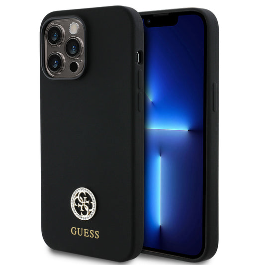 Apple iPhone 14 Pro Max Kılıf Guess Orjinal Lisanslı Yazı ve Taşlı 4G Logolu Silikon Kapak Siyah