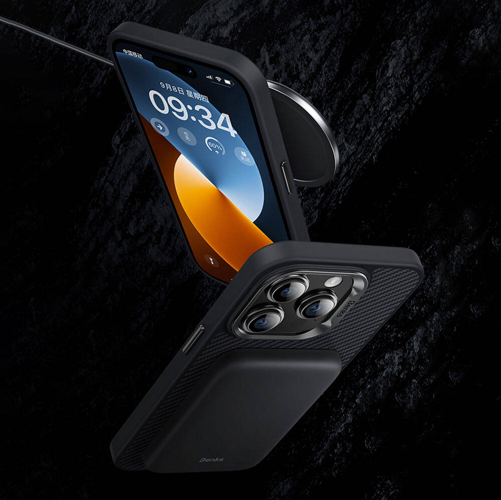 iPhone 14 Pro Max Kılıf Karbon Fiber Magsafe Şarj Özellikli Benks Hybrid ArmorPro 600D Kevlar Kılıf Siyah