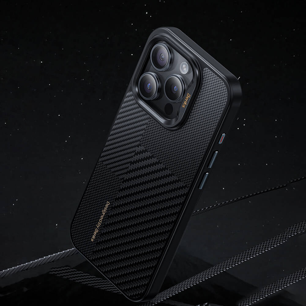 iPhone 14 Pro Max Kılıf Magsafe Şarj Özellikli Karbon Fiber Benks Montage Hybrid ArmorPro Kevlar Kılıf Siyah