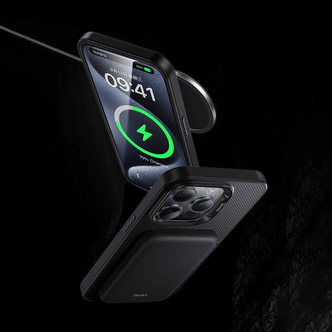 iPhone 14 Pro Max Kılıf Magsafe Şarj Özellikli Karbon Fiber Benks Montage Hybrid ArmorPro Kevlar Kılıf Siyah