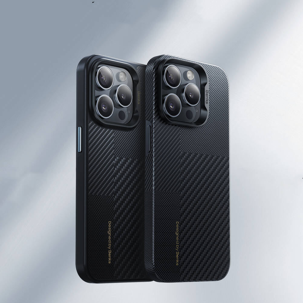 iPhone 14 Pro Max Kılıf Magsafe Şarj Özellikli Karbon Fiber Benks Montage Hybrid ArmorPro Kevlar Kılıf Siyah