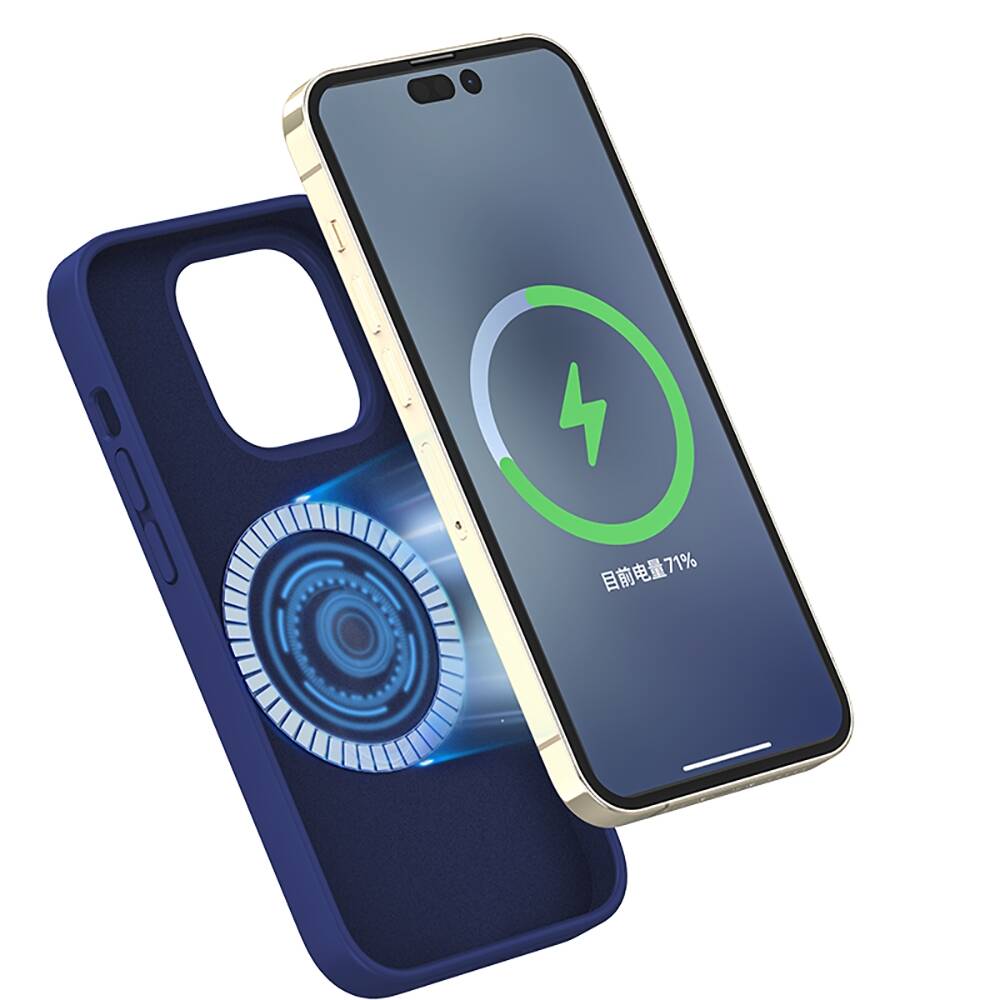 iPhone 14 Pro Max Kılıf Magsafe Şarj Özellikli Liquid Silikon Recci Mousse Serisi Kılıf Mavi