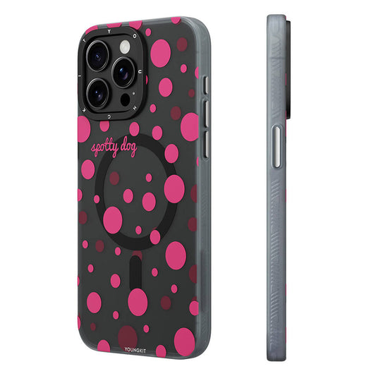 iPhone 14 Pro Max Kılıf Magsafe Şarj Özellikli Polka Dot Desenli Youngkit Spots Serisi Kılıf Gri