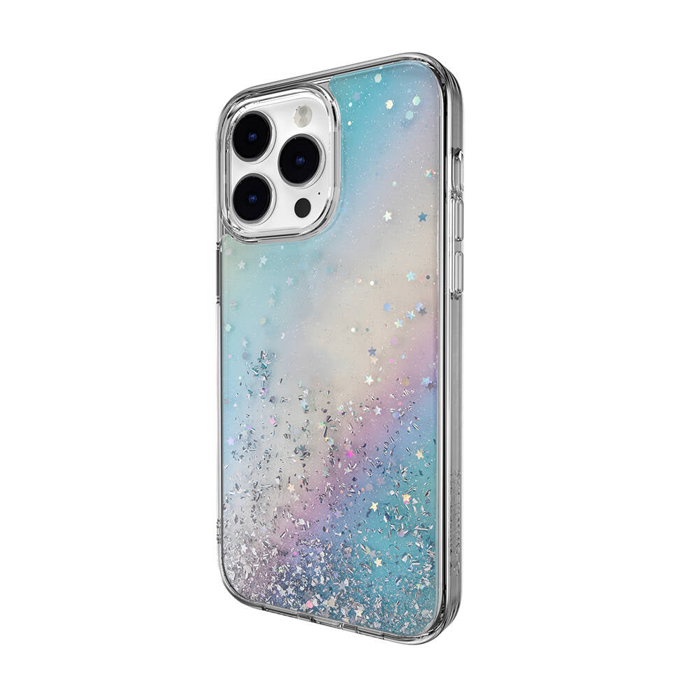 iPhone 14 Pro Max Kılıf Parlayan Simli Şeffaf Lisanslı Switcheasy Starfield Kılıf Mor