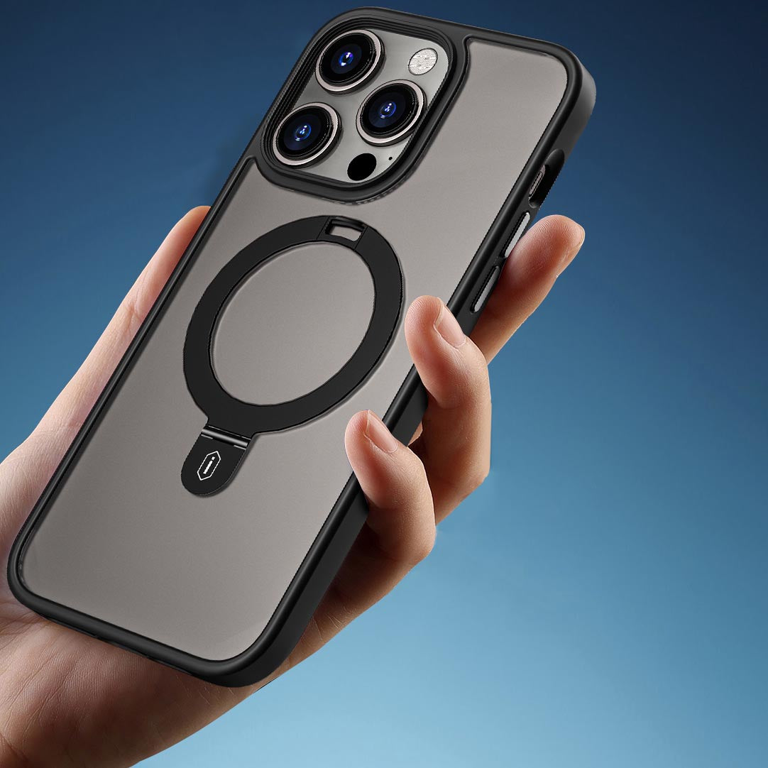 iPhone 14 Pro Max Kılıf Wiwu ZMM-010 Magsafe Şarj Özellikli Parmak İzi Bırakmayan Mat Transparan Standlı Kılıf Siyah