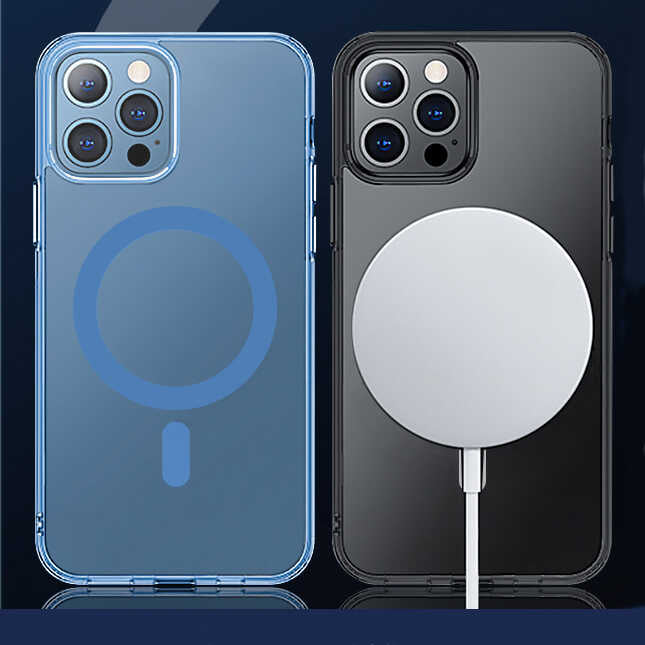 iPhone 14 Pro Max Wiwu Magsafe Şarj Özellikli Lens Korumalı Şeffaf Silikon Kılıf Mavi