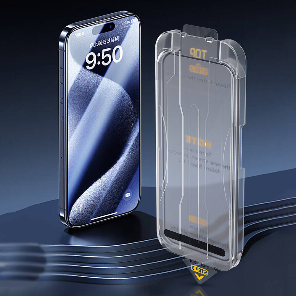 iPhone 14 Pro Wiwu SQ-008 Oleofobik Easy Install Darbeye Karşı Dayanıklı Temperli Cam Ekran Koruyucu + Kolay Uygulama Aparatlı Siyah