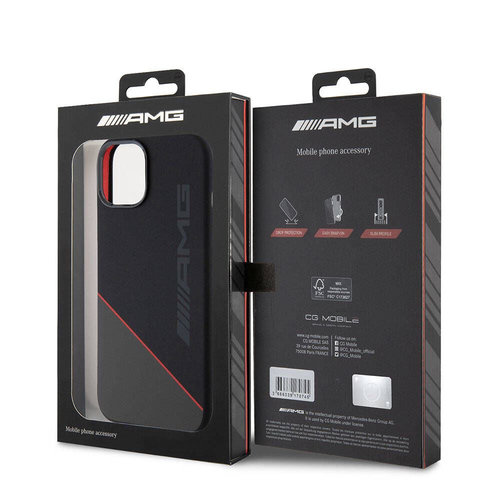 iPhone 15 Kılıf AMG Orjinal Lisanslı Magsafe Şarj Özellikli Silikon Kırmızı Çizgili Kılıf Siyah