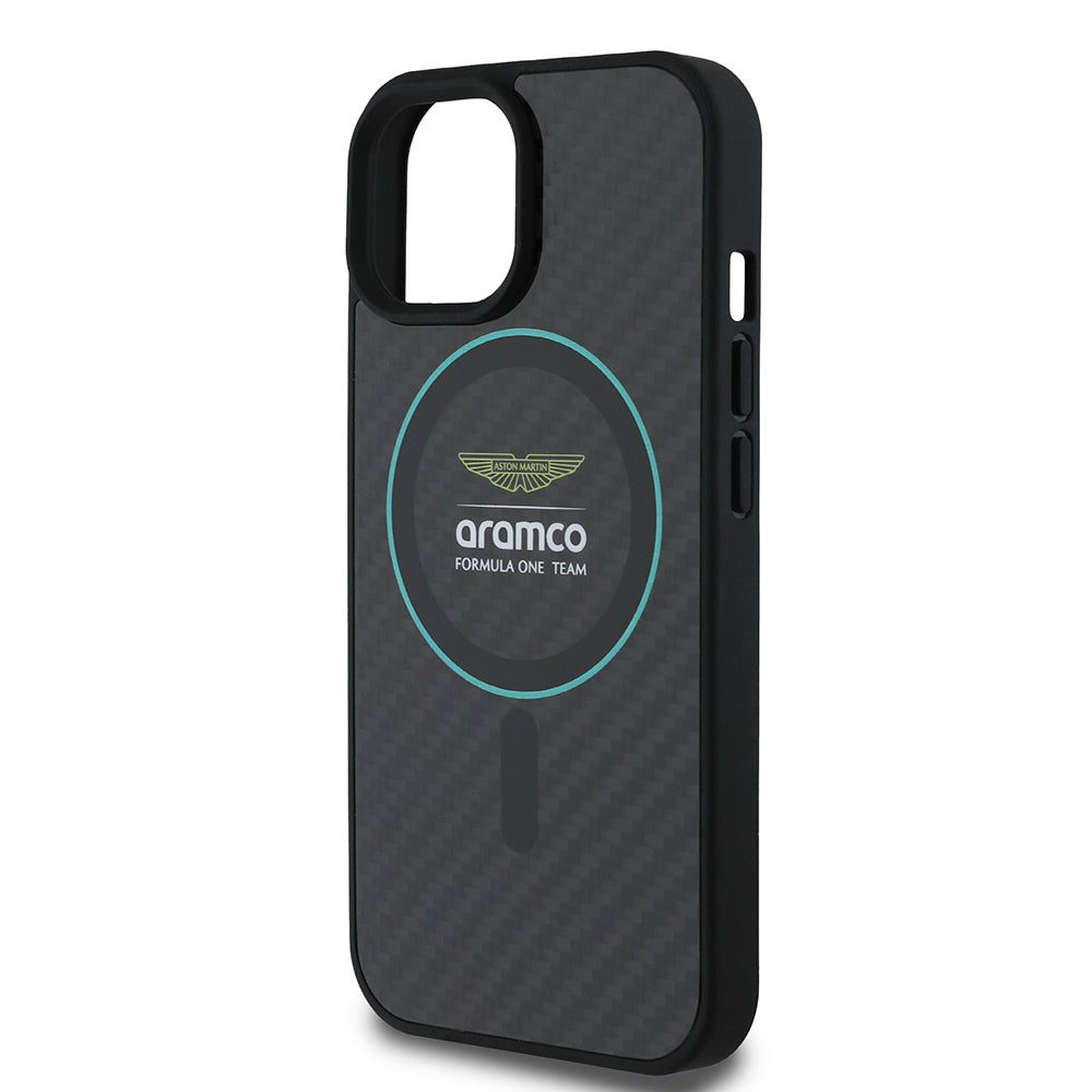 Apple iPhone 15 Kılıf Aston Martin Orjinal Lisanslı M-safe Şarj Özellikli Renkli Halka ve Karbon Fiber Tasarımlı Kapak Siyah-Yeşil