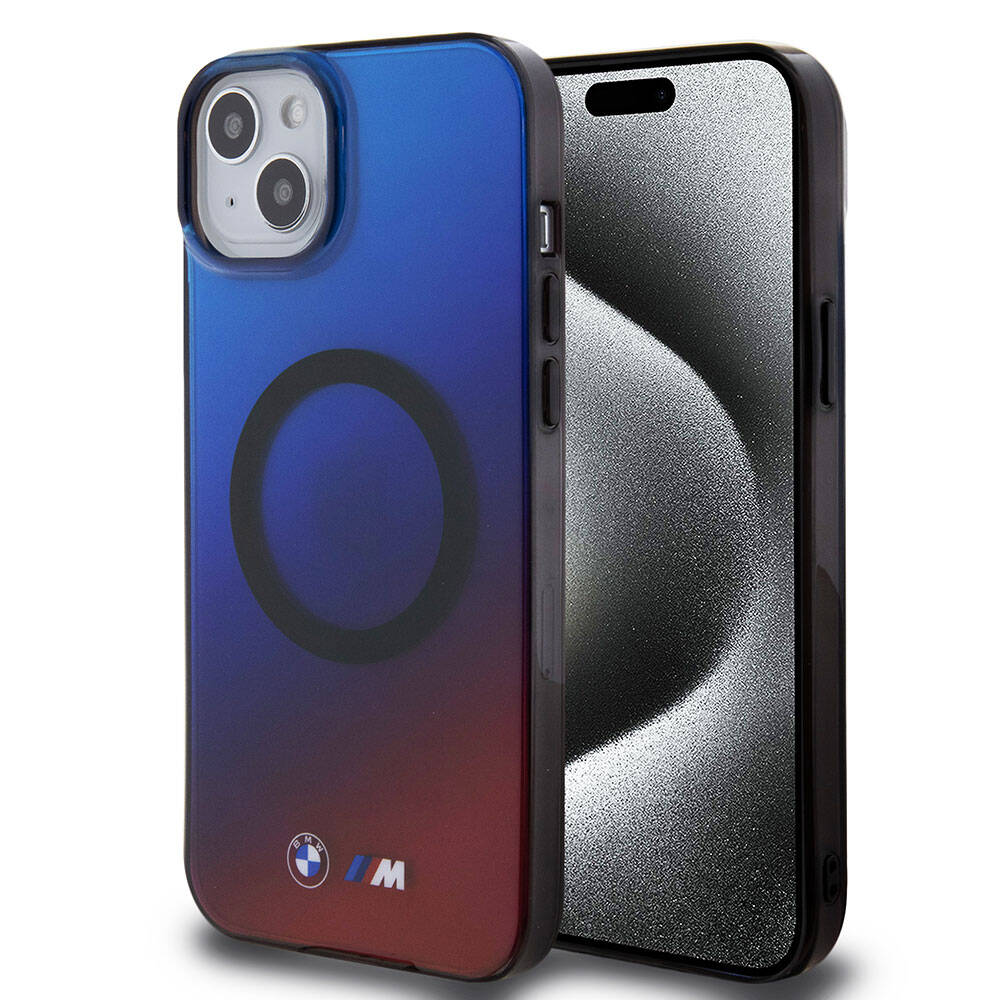 iPhone 15 Kılıf BMW Magsafe Şarj Özellikli Transparan Renk Geçişli Dizayn Orjinal Lisanslı Kılıf Mavi-Kırmızı