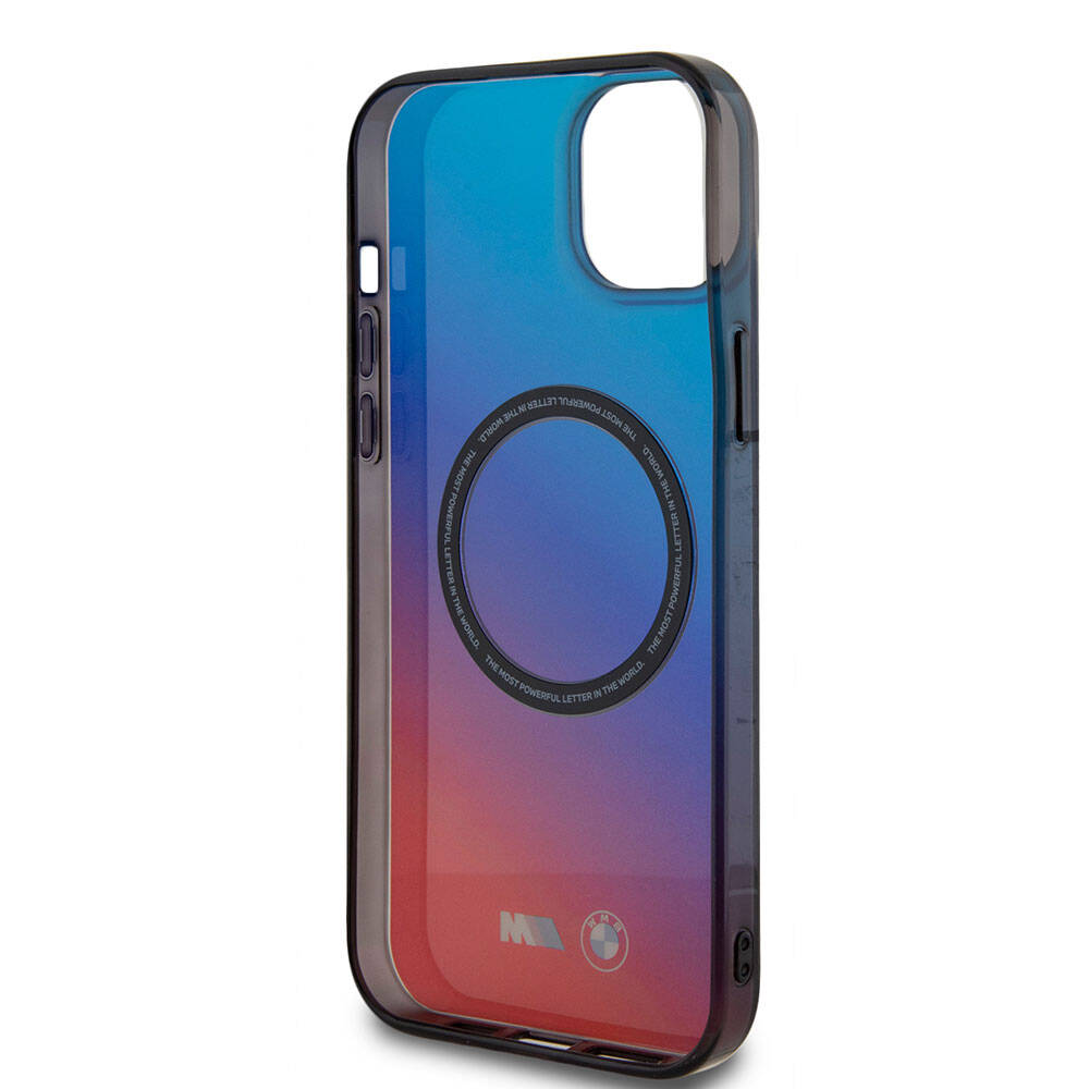 iPhone 15 Kılıf BMW Magsafe Şarj Özellikli Transparan Renk Geçişli Dizayn Orjinal Lisanslı Kılıf Mavi-Kırmızı