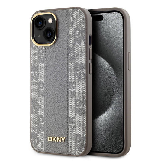 iPhone 15 Kılıf DKNY Orjinal Lisanslı MagSafe Şarj Özellikli 3D Yazılı Checkered Pattern Kılıf Krem