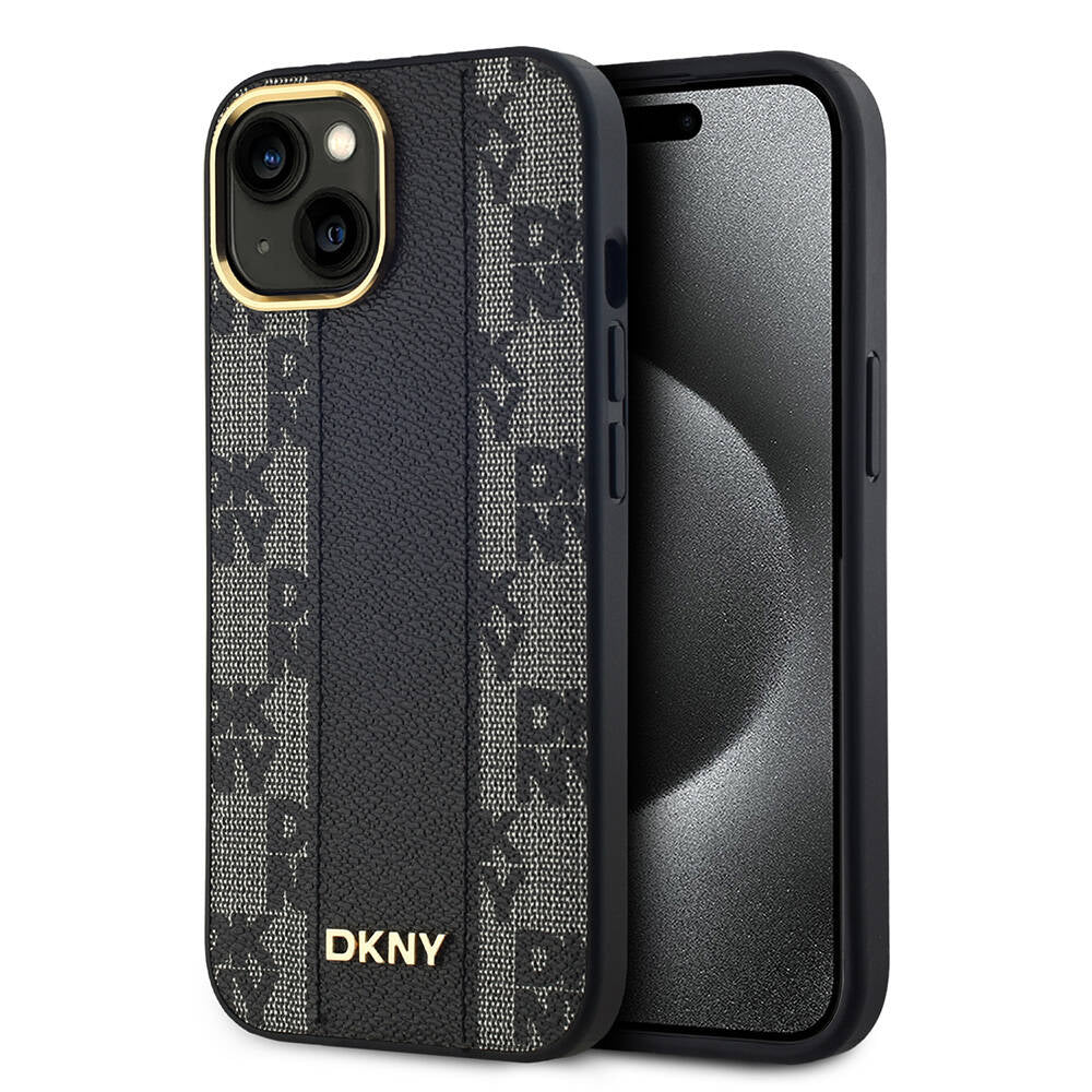 iPhone 15 Kılıf DKNY Orjinal Lisanslı MagSafe Şarj Özellikli 3D Yazılı Checkered Pattern Kılıf Siyah