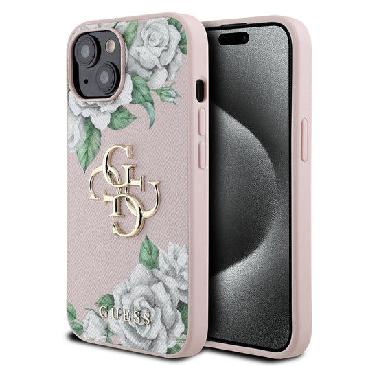Apple iPhone 15 Kılıf Guess Orjinal Lisanslı Gül Baskılı Büyük Metal Logo Dizaynlı Kapak Pembe