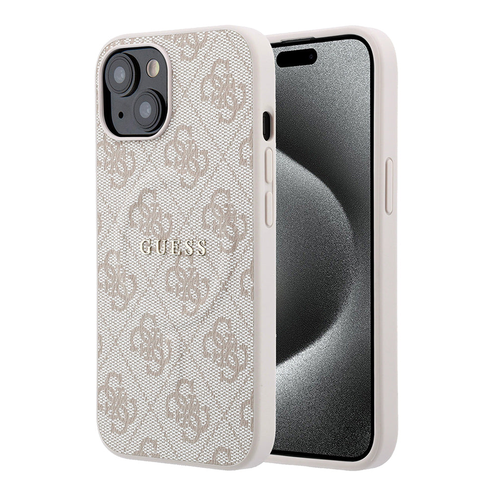 Apple iPhone 15 Kılıf Guess Orjinal Lisanslı M-safe Kabartmalı 4G Desenli Yazı Logolu Kapak