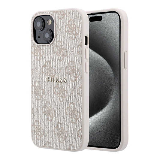 Apple iPhone 15 Kılıf Guess Orjinal Lisanslı M-safe Kabartmalı 4G Desenli Yazı Logolu Kapak