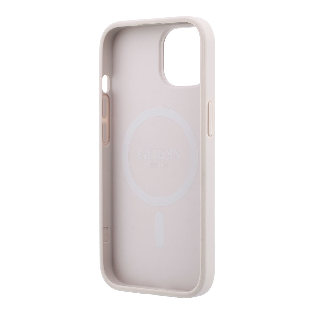 Apple iPhone 15 Kılıf Guess Orjinal Lisanslı M-safe Kabartmalı 4G Desenli Yazı Logolu Kapak