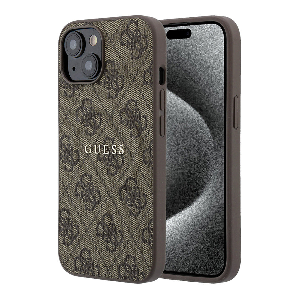 Apple iPhone 15 Kılıf Guess Orjinal Lisanslı M-safe Kabartmalı 4G Desenli Yazı Logolu Kapak