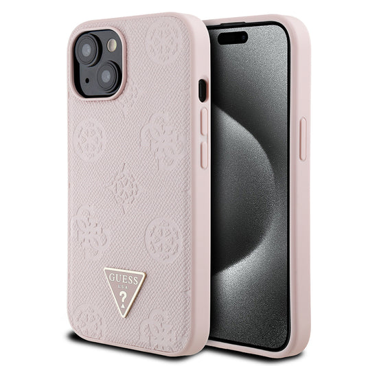 Apple iPhone 15 Kılıf Guess Orjinal Lisanslı M-safe Şarj Özellikli Sıcak Baskılı Üçgen Logolu PU Deri Peony Kapak Pembe