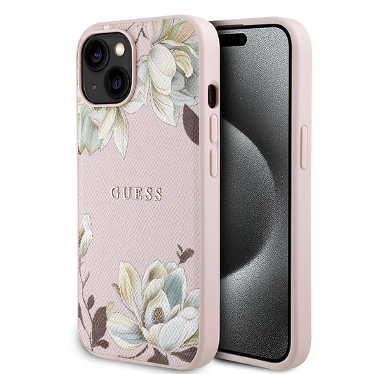 Apple iPhone 15 Kılıf Guess Orjinal Lisanslı M-safe Şarj Özellikli Taneli Çiçek Tasarımlı Metal Yazı Logolu Kapak Siyah