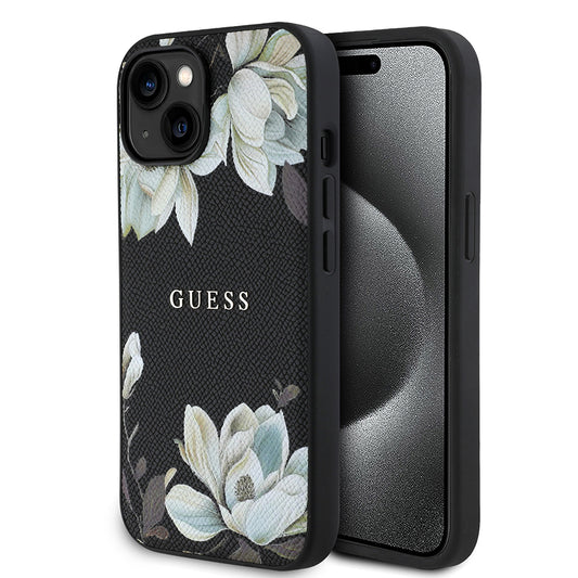 Apple iPhone 15 Kılıf Guess Orjinal Lisanslı M-safe Şarj Özellikli Taneli Çiçek Tasarımlı Metal Yazı Logolu Kapak Siyah
