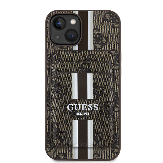 Apple iPhone 15 Kılıf Guess Orjinal Lisanslı M-safe Şarj Özellikli 4G Desenli Çizgili Kartlıklı Kapak Kahverengi