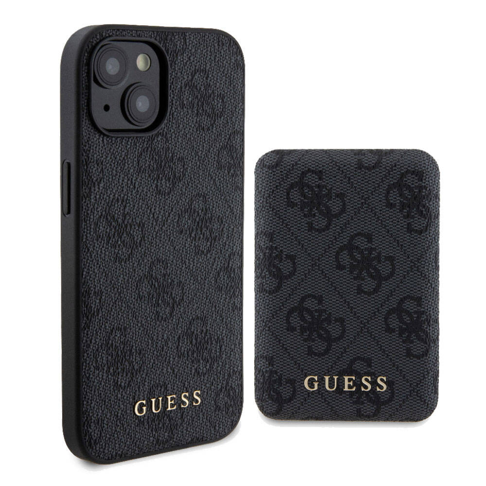Apple iPhone 15 Kılıf Guess Orjinal Lisanslı M-safe Şarj Özellikli Yazı Logolu 4G Desenli Kapak + Powerbank 5000mAh 2in1 Set