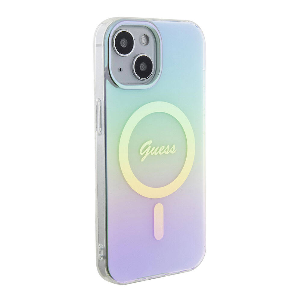 Apple iPhone 15 Kılıf Guess Orjinal Lisanslı M-safe Şarj Özellikli Yazı Logolu Iridescent Kapak
