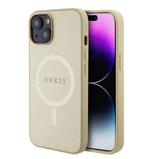 Apple iPhone 15 Kılıf Guess Orjinal Lisanslı M-safe Şarj Özellikli Yazı Logolu Saffiano Kapak