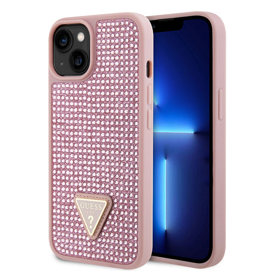 Apple iPhone 15 Kılıf Guess Orjinal Lisanslı Taşlı Arka Yüzey Üçgen Logolu Kapak Gold