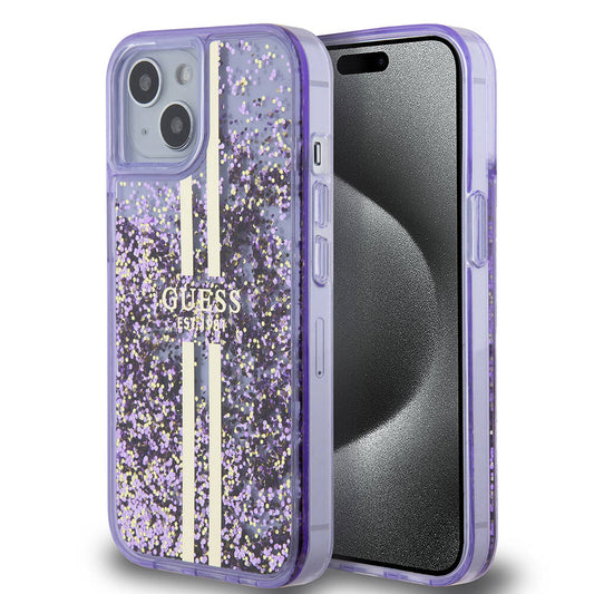 Apple iPhone 15 Kılıf Guess Orjinal Lisanslı Transparan Sıvılı Simli Altın Çizgili Kapak Pembe