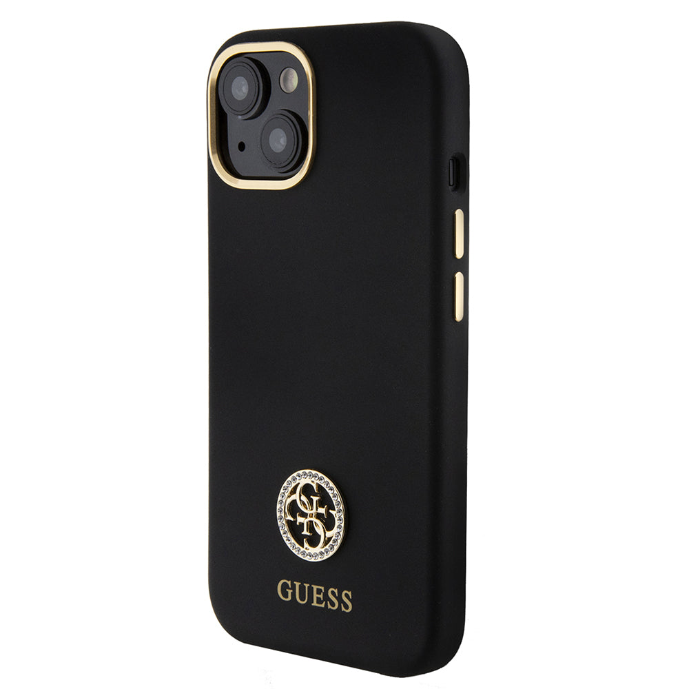 Apple iPhone 15 Kılıf Guess Orjinal Lisanslı Yazı ve Taşlı 4G Logolu Metal Kamera Çerçeveli Silikon Kapak Siyah