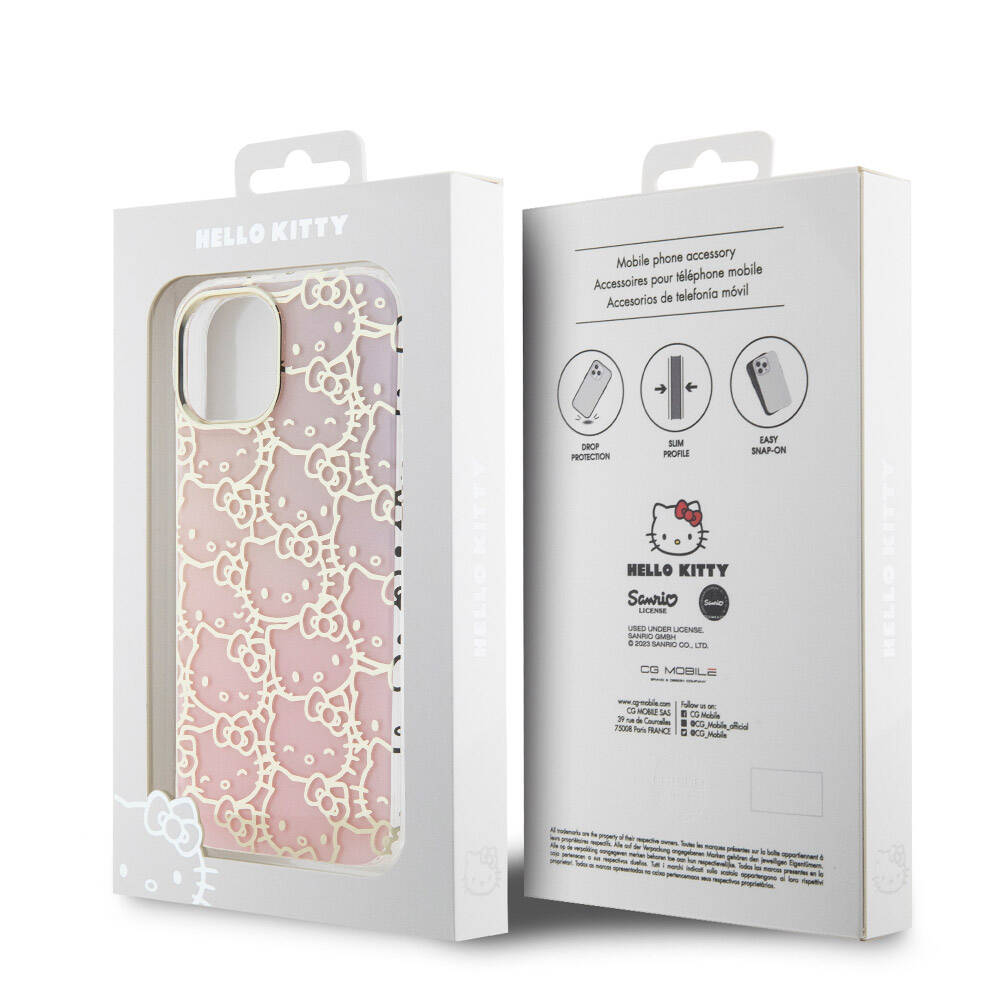 iPhone 15 Kılıf Hello Kitty Orjinal Lisanslı Renk Geçişli Elektroplating Kaplama Kitty Head Desenli Kılıf Pembe