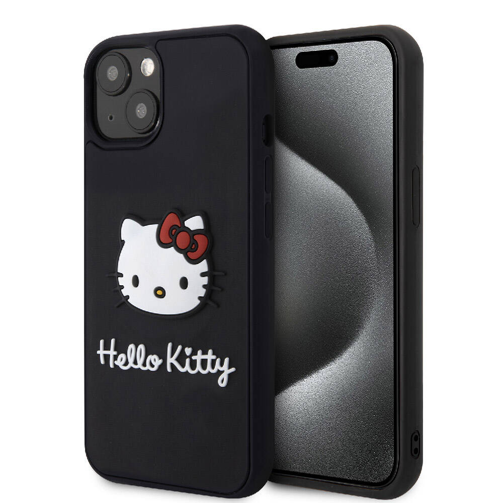 iPhone 15 Kılıf Hello Kitty Orjinal Lisanslı Yazı ve İkonik Logolu 3D Rubber Kitty Head Kılıf Siyah