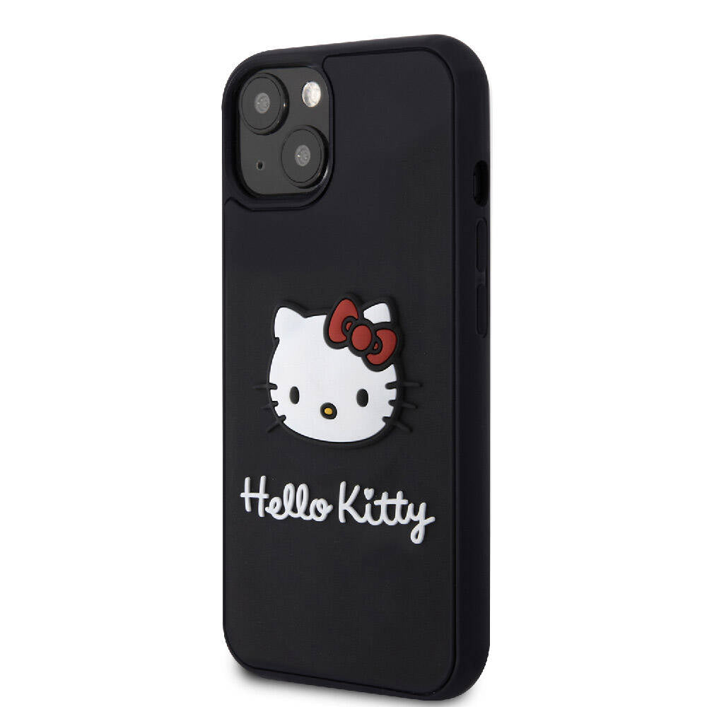 iPhone 15 Kılıf Hello Kitty Orjinal Lisanslı Yazı ve İkonik Logolu 3D Rubber Kitty Head Kılıf Siyah