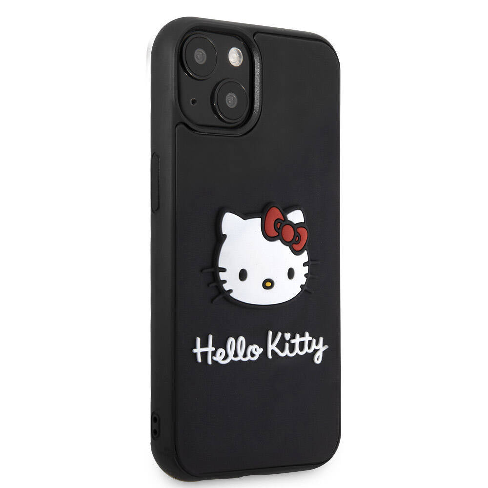 iPhone 15 Kılıf Hello Kitty Orjinal Lisanslı Yazı ve İkonik Logolu 3D Rubber Kitty Head Kılıf Siyah