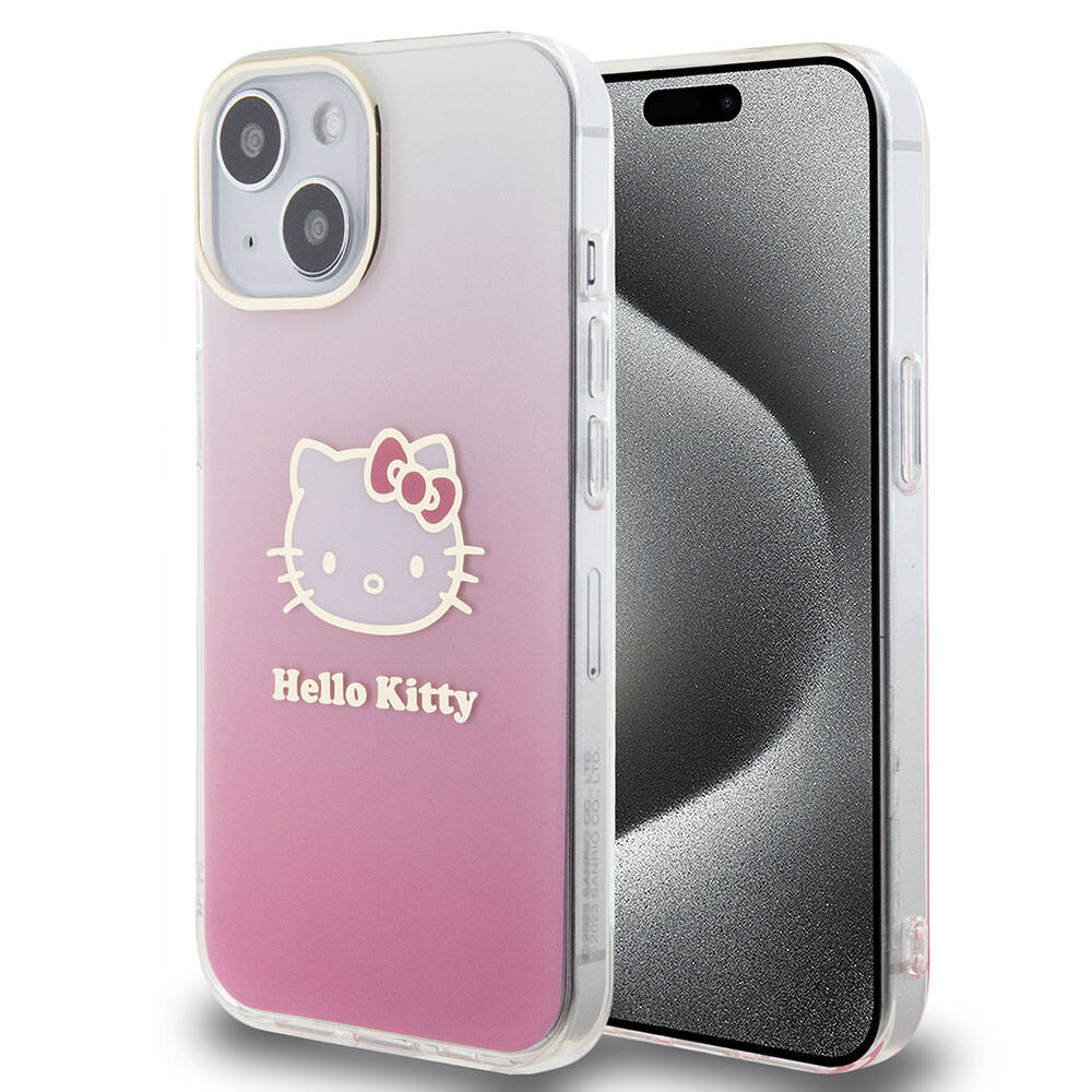 iPhone 15 Kılıf Hello Kitty Orjinal Lisanslı Yazı ve İkonik Logolu Elektroplating Kaplama Gradyan Kılıf Pembe
