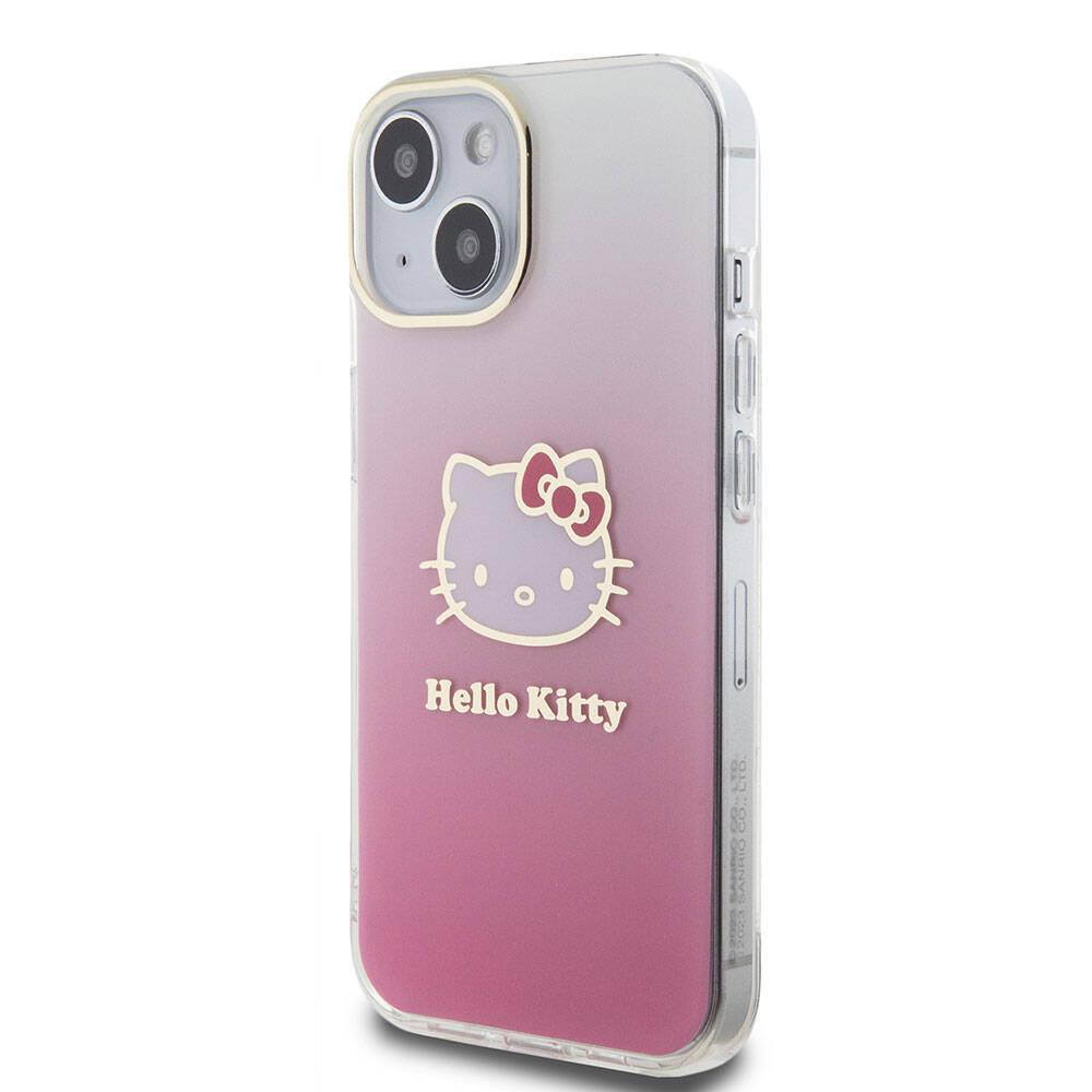 iPhone 15 Kılıf Hello Kitty Orjinal Lisanslı Yazı ve İkonik Logolu Elektroplating Kaplama Gradyan Kılıf Pembe