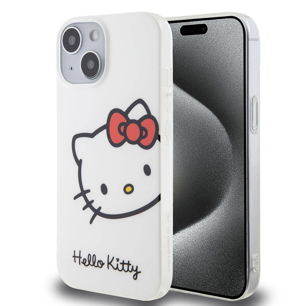 iPhone 15 Kılıf Hello Kitty Orjinal Lisanslı Yazı ve İkonik Logolu Kitty Head Kılıf Beyaz