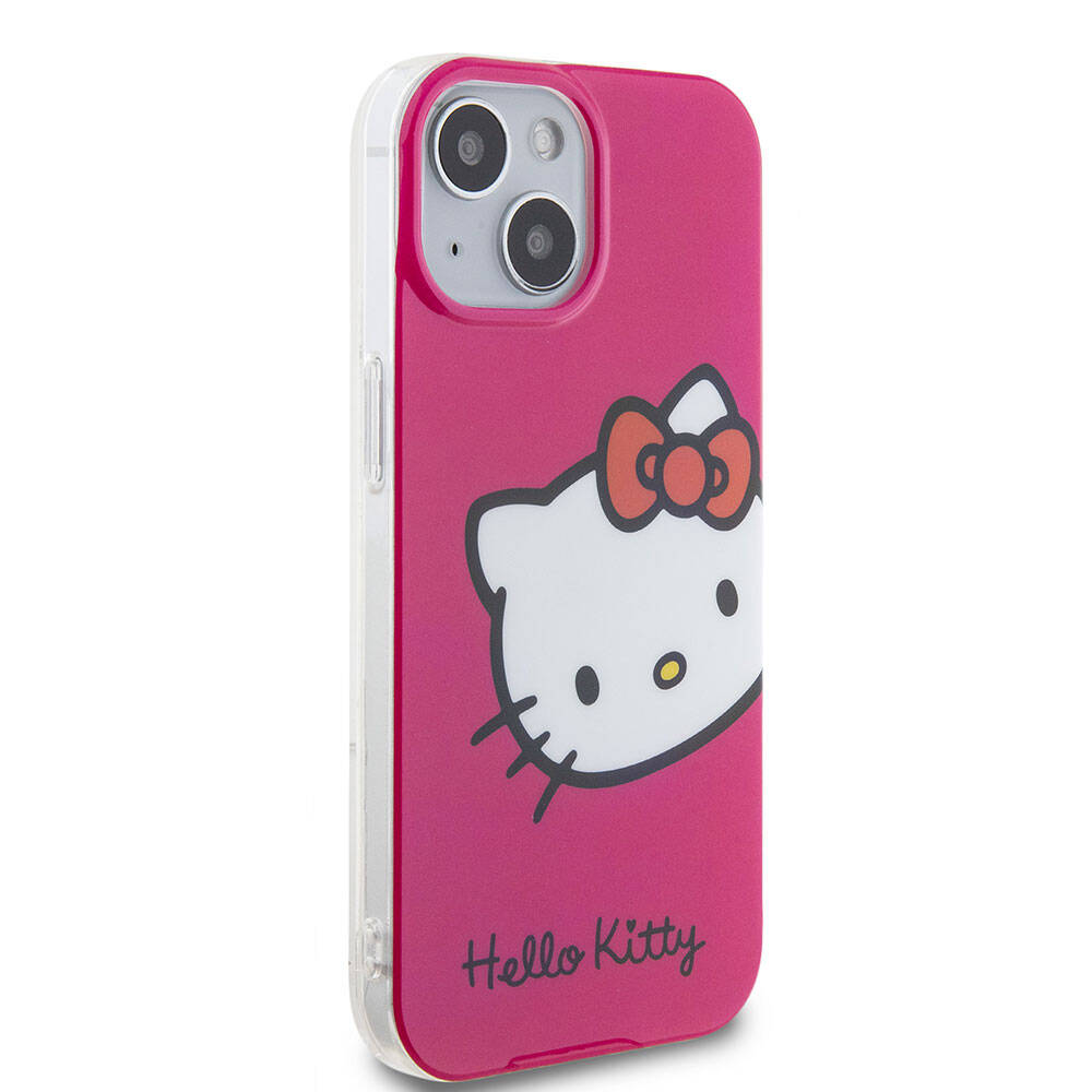 iPhone 15 Kılıf Hello Kitty Orjinal Lisanslı Yazı ve İkonik Logolu Kitty Head Kılıf Pembe
