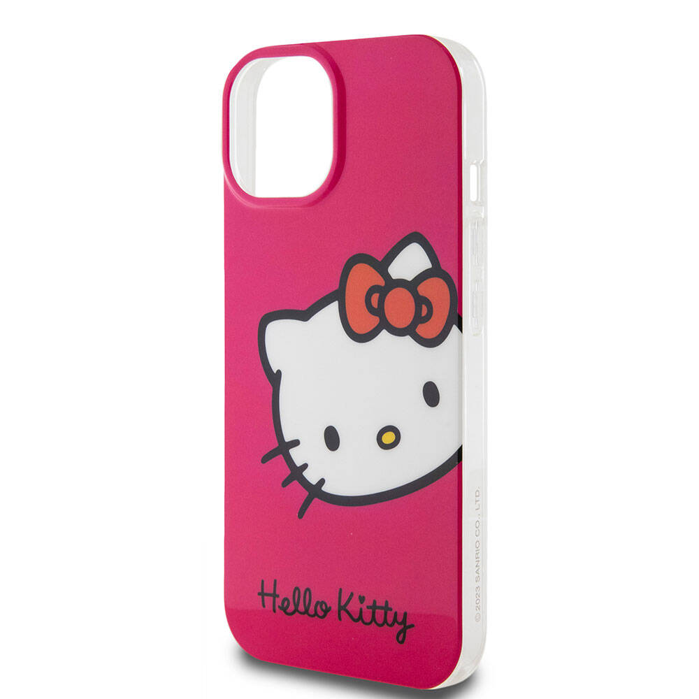iPhone 15 Kılıf Hello Kitty Orjinal Lisanslı Yazı ve İkonik Logolu Kitty Head Kılıf Pembe