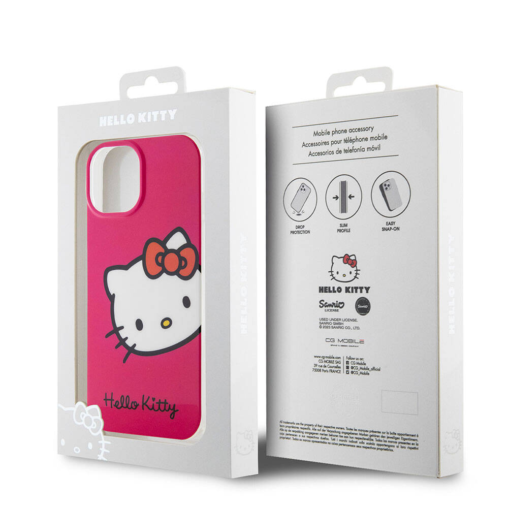 iPhone 15 Kılıf Hello Kitty Orjinal Lisanslı Yazı ve İkonik Logolu Kitty Head Kılıf Pembe