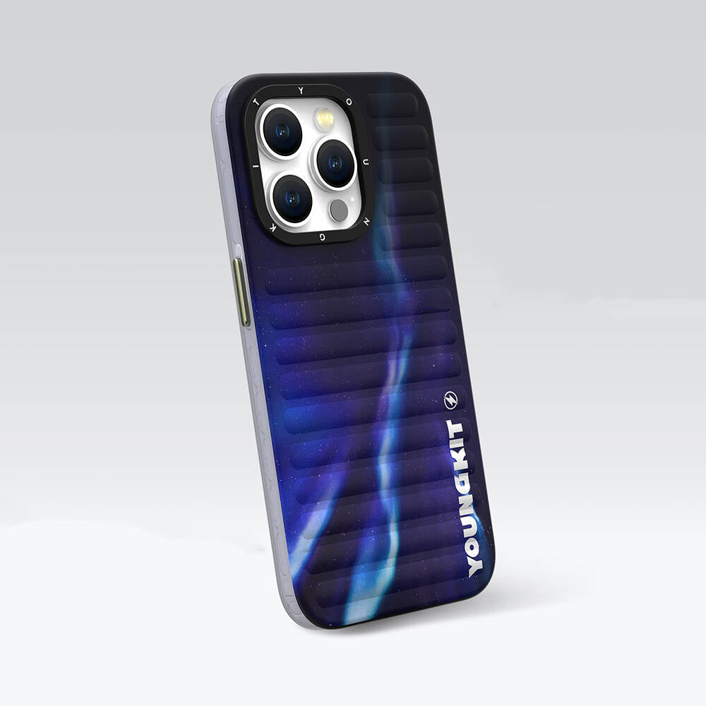 iPhone 15 Kılıf Kuzey Işıkları Desenli Youngkit Aurora Serisi Kılıf Mavi