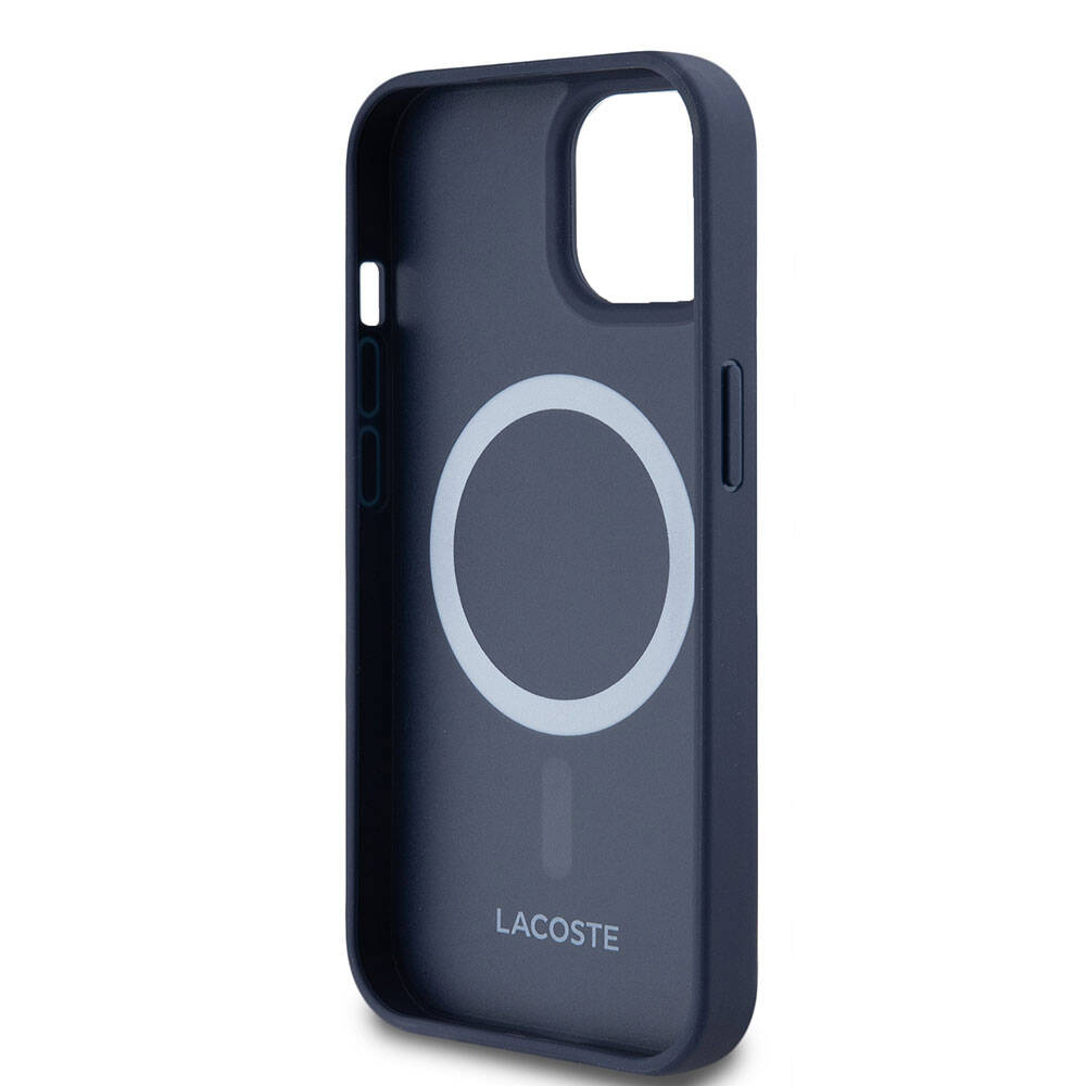 iPhone 15 Kılıf Lacoste Orjinal Lisanslı Magsafe Şarj Özellikli PU Deri Görünümlü Karışık Monogram Desenli Kılıf Lacivert