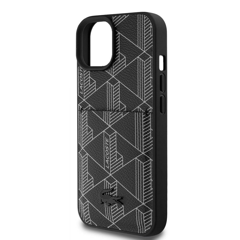 iPhone 15 Kılıf Lacoste Orjinal Lisanslı Magsafe Şarj Özellikli PU Deri Görünümlü Kartlıklı Karışık Monogram Desenli Kılıf Lacivert