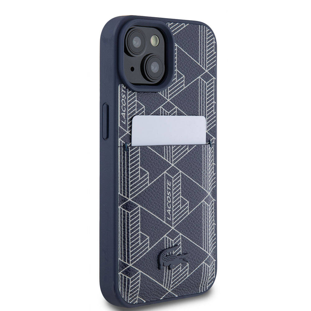 iPhone 15 Kılıf Lacoste Orjinal Lisanslı Magsafe Şarj Özellikli PU Deri Görünümlü Kartlıklı Karışık Monogram Desenli Kılıf Lacivert