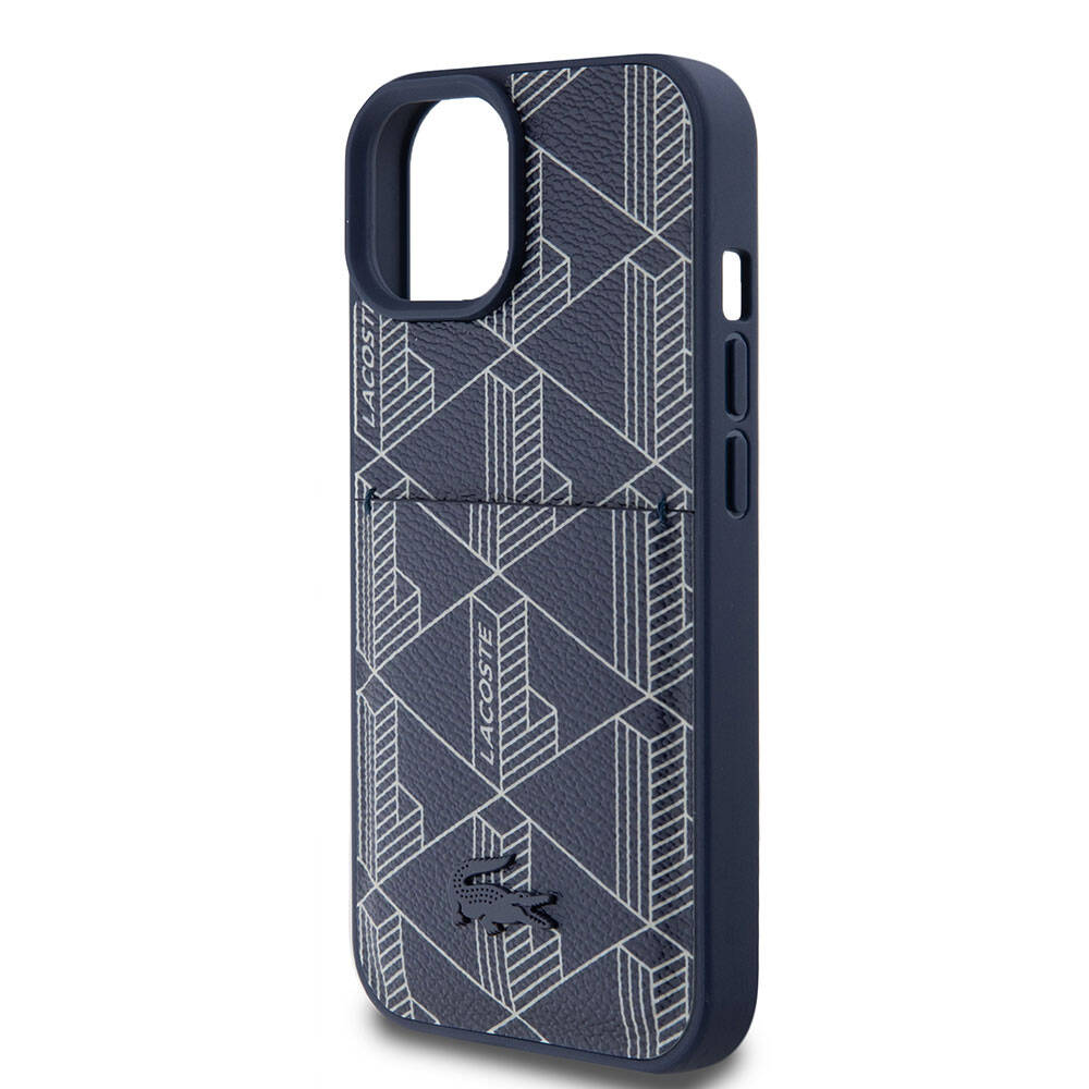 iPhone 15 Kılıf Lacoste Orjinal Lisanslı Magsafe Şarj Özellikli PU Deri Görünümlü Kartlıklı Karışık Monogram Desenli Kılıf Siyah
