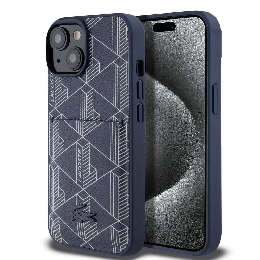 iPhone 15 Kılıf Lacoste Orjinal Lisanslı Magsafe Şarj Özellikli PU Deri Görünümlü Kartlıklı Karışık Monogram Desenli Kılıf Lacivert