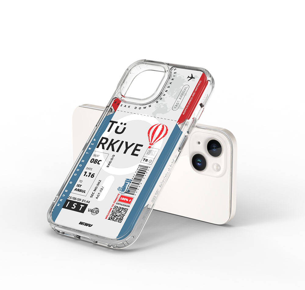 iPhone 15 Kılıf Magsafe Şarj Özellikli Bilet Desenli Wiwu Turkey B Serisi Kılıf Mavi